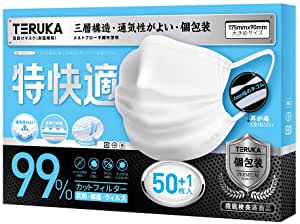マスク 50枚 大きめ 超快適 個包装 使い捨て 三層構造 不織布 TERUKA 175mm×90mm 1枚おまけ付 (1)