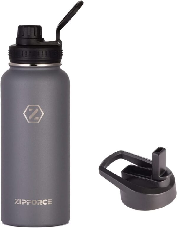 ZIPFORCE 32 oz 1000 ml保温水瓶、ステンレス真空運動水瓶、ふた2個付き、耐久性のある防漏金属保温瓶、BPAを含まない水筒、ストラップ付き、ジムキャンプ用